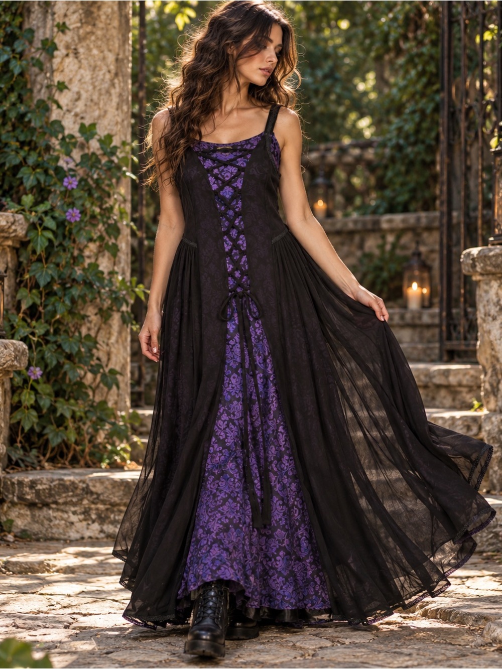 Vintage 90s Y2K Funhouse M/L Black Purple Goth Whimsigoth Lace Up Maxi Dress